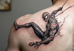 Full color spiderman swinging from a web with elmo tattoo idea