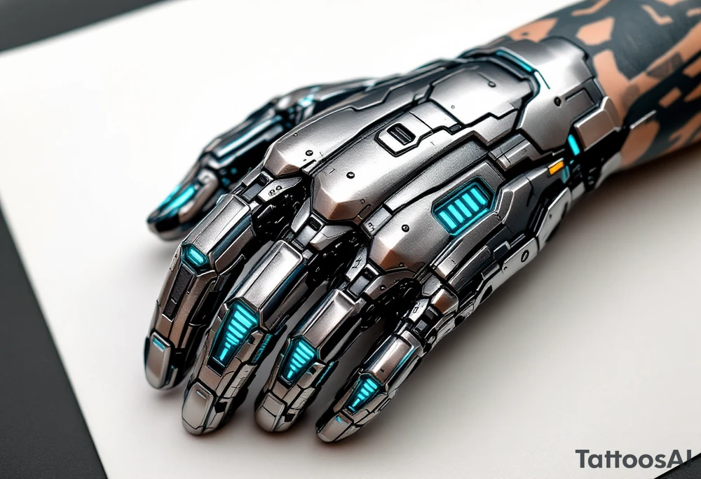 A tattooed mechanical glove with brushed silver plating and soft teal light strips running along the knuckles. tattoo idea