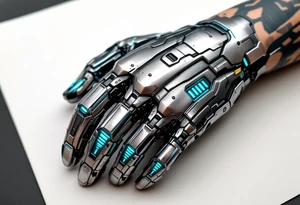 A tattooed mechanical glove with brushed silver plating and soft teal light strips running along the knuckles. tattoo idea