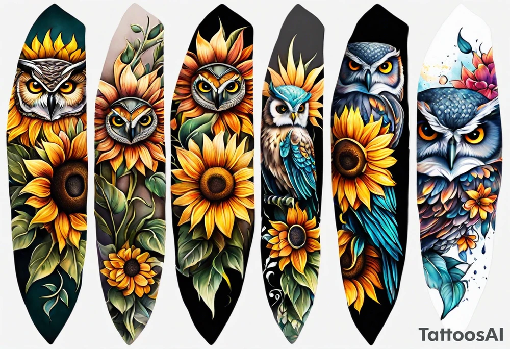 Leg sleeve with colorful sunflowers and an owl tattoo idea