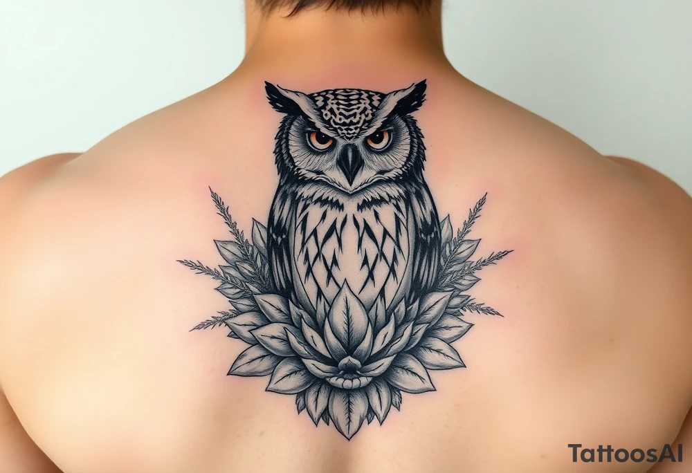 powerful majestic Owl with surrounded by Succulent tattoo idea