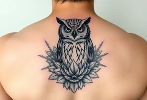powerful majestic Owl with surrounded by Succulent tattoo idea