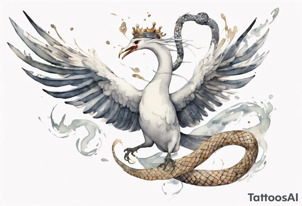 a watercolor of a white bird-serpent hybrid wearing an iron crown, flying tattoo idea