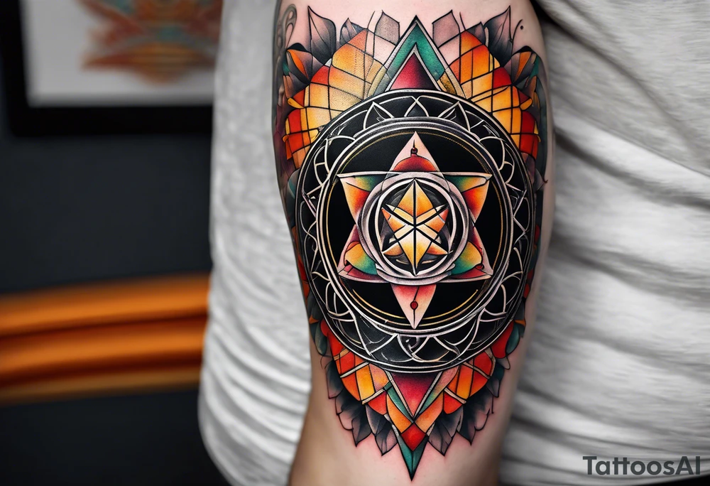 knee tattoo with sacred geometry, swirls & washes in background in fall colors tattoo idea