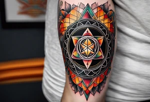 knee tattoo with sacred geometry, swirls & washes in background in fall colors tattoo idea