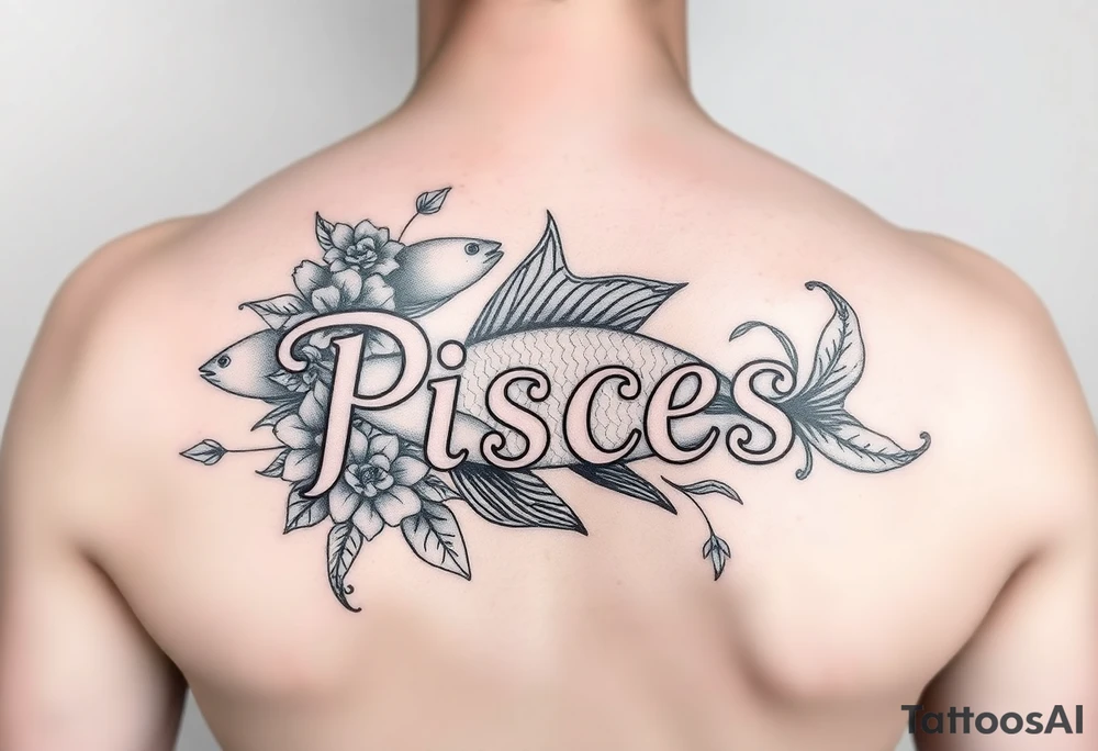 From the word “Pisces” around the word female characteristics of the zodiac sign floral and fishes tattoo idea