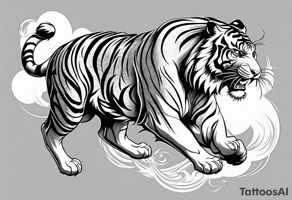 Asian Japanese Chinese style tiger with a full body not just head twisting body for a forearm half sleeve, clouds tattoo idea