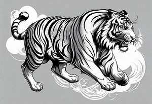 Asian Japanese Chinese style tiger with a full body not just head twisting body for a forearm half sleeve, clouds tattoo idea