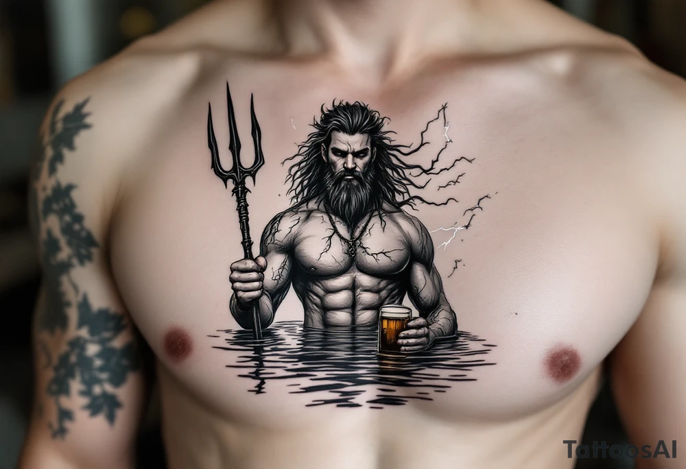 young, fit poseidon in calm water, holding a trident, holding a beer, with lightning tattoo idea