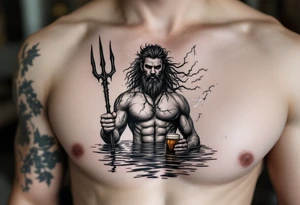 young, fit poseidon in calm water, holding a trident, holding a beer, with lightning tattoo idea