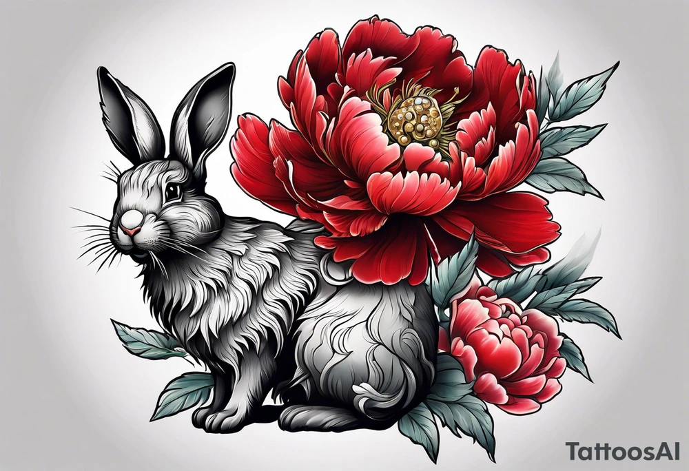 Red peony with pearl necklace and a rabbit tattoo idea