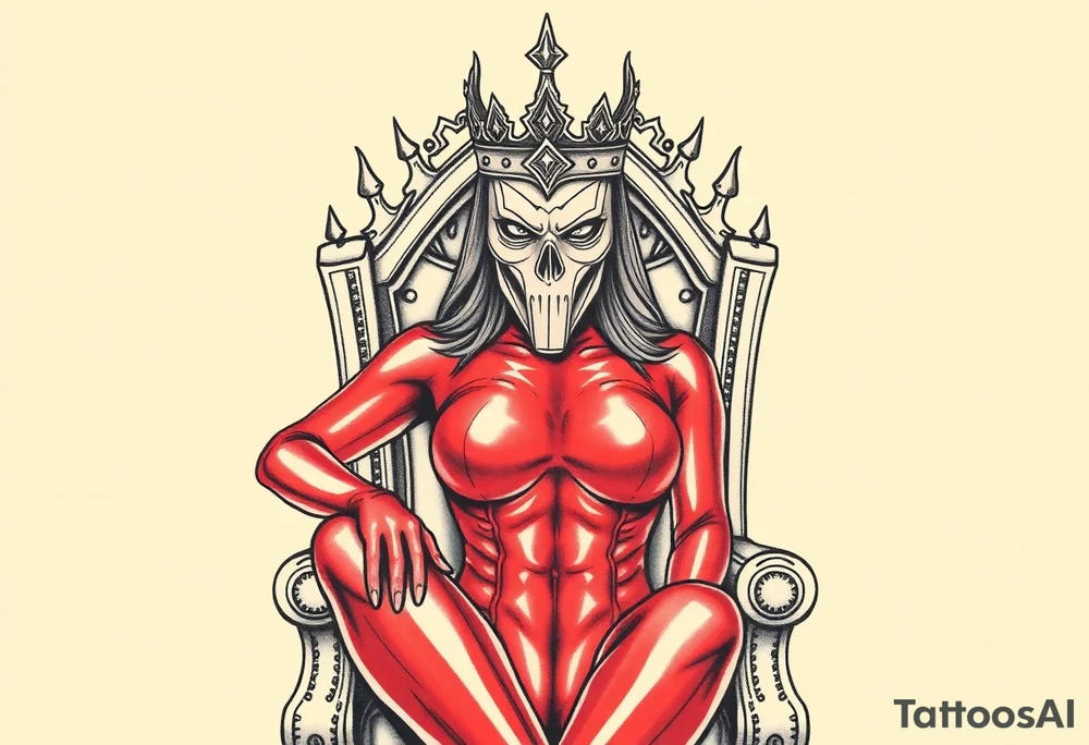 powerful female dominatrix wearing a red latex catsuit and a detailed facemask crown sitting on her throne tattoo idea