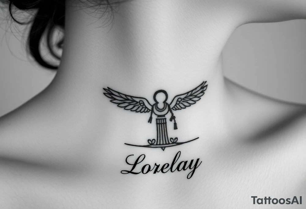 Crea un diseño significativo sobre la cultura egipcia y que tenga el nombre escrito por de bajo del diseño el nombre de mi hermana Lorelay para la parte baja del bíceps tattoo idea