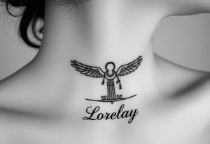 Crea un diseño significativo sobre la cultura egipcia y que tenga el nombre escrito por de bajo del diseño el nombre de mi hermana Lorelay para la parte baja del bíceps tattoo idea