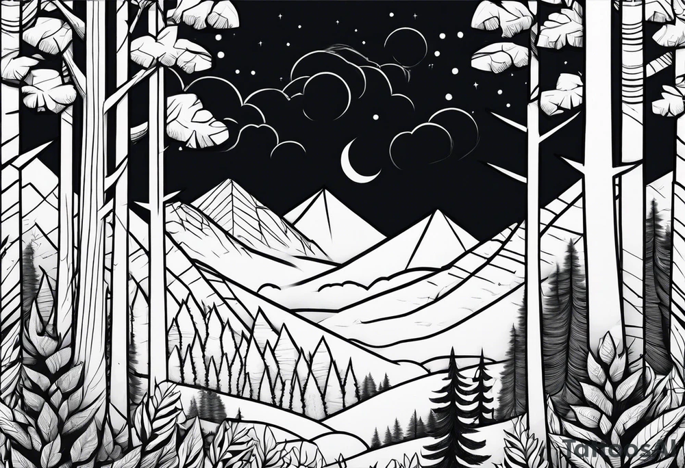 forest along the edges where the fires below and in the distance tattoo idea