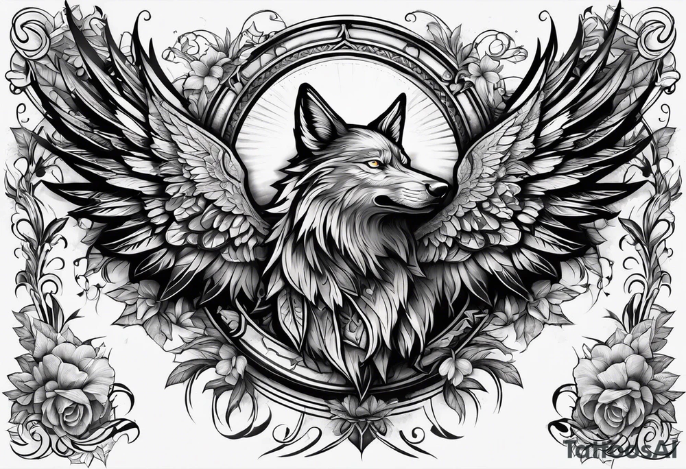 cross with wings and a wolf going inside it resembling paradise tattoo idea