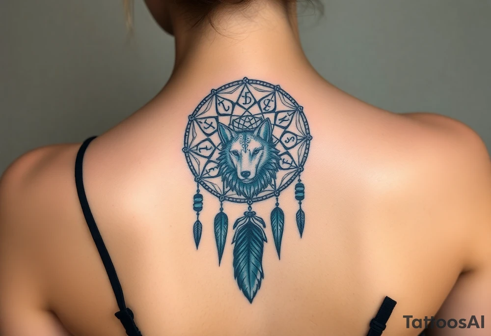 Dreamcatcher with zodiac symbols and protection runes caught in it with wolf teal tattoo idea