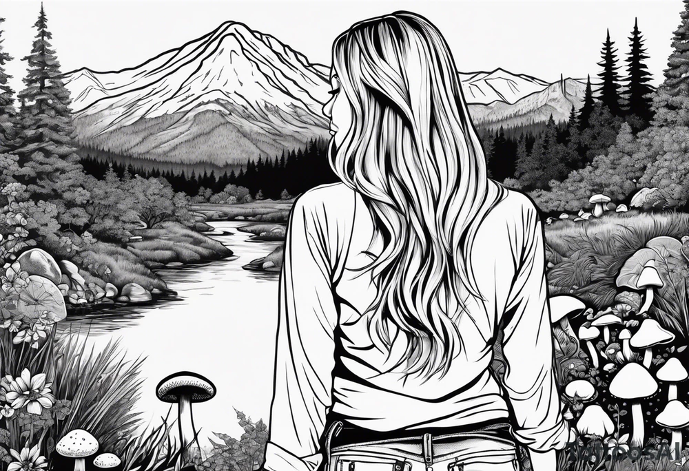 Whole picture encircled fully

Straight long blonde hair hippie girl in distance holding mushrooms in hand facing away toward mountains and creek surrounded by mushrooms long sleeve shirt and hiking pants; whole rendering within a full circle, no cut off circle tattoo idea