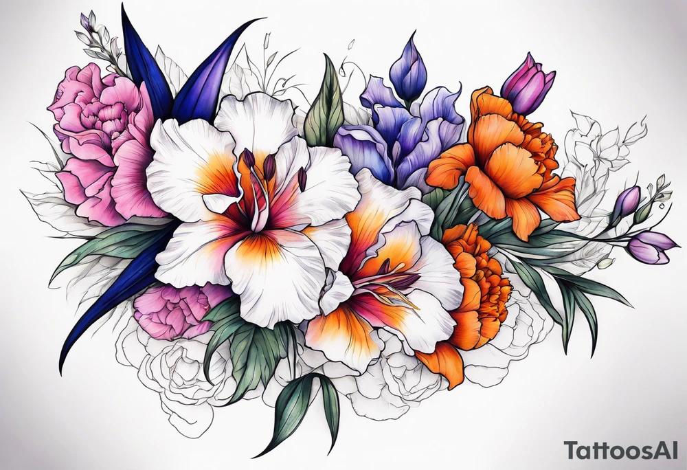 half arm sleeve. floral tattoo of purple gladiolous flowers, pink peonies, red hawthorns, orange marigold, navy blue sweet peas, and white paper white narcissus tattoo idea