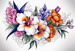 half arm sleeve. floral tattoo of purple gladiolous flowers, pink peonies, red hawthorns, orange marigold, navy blue sweet peas, and white paper white narcissus tattoo idea
