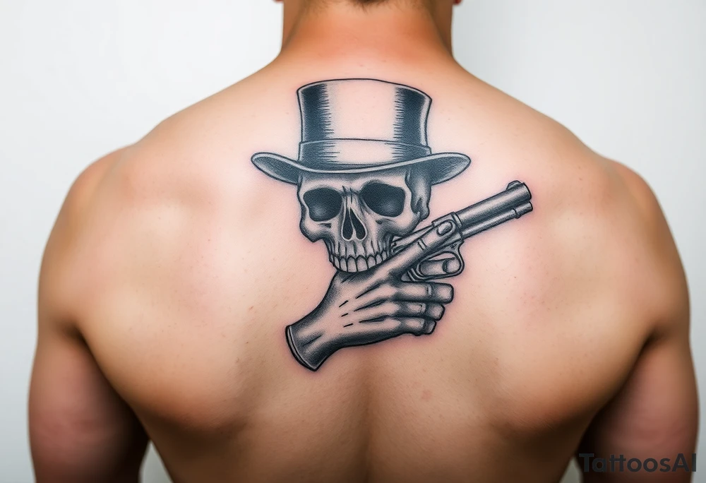 voodoo skull, top hat, dead mans card hand, six guns tattoo idea