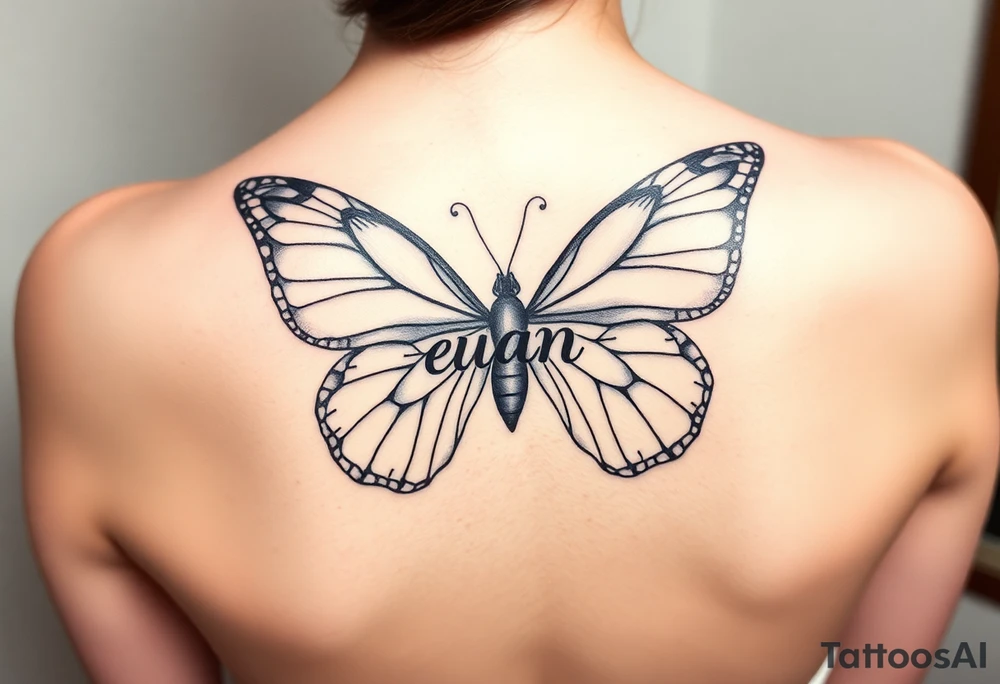 A butterfly with the name “euan” incorporated into it tattoo idea