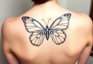 A butterfly with the name “euan” incorporated into it tattoo idea