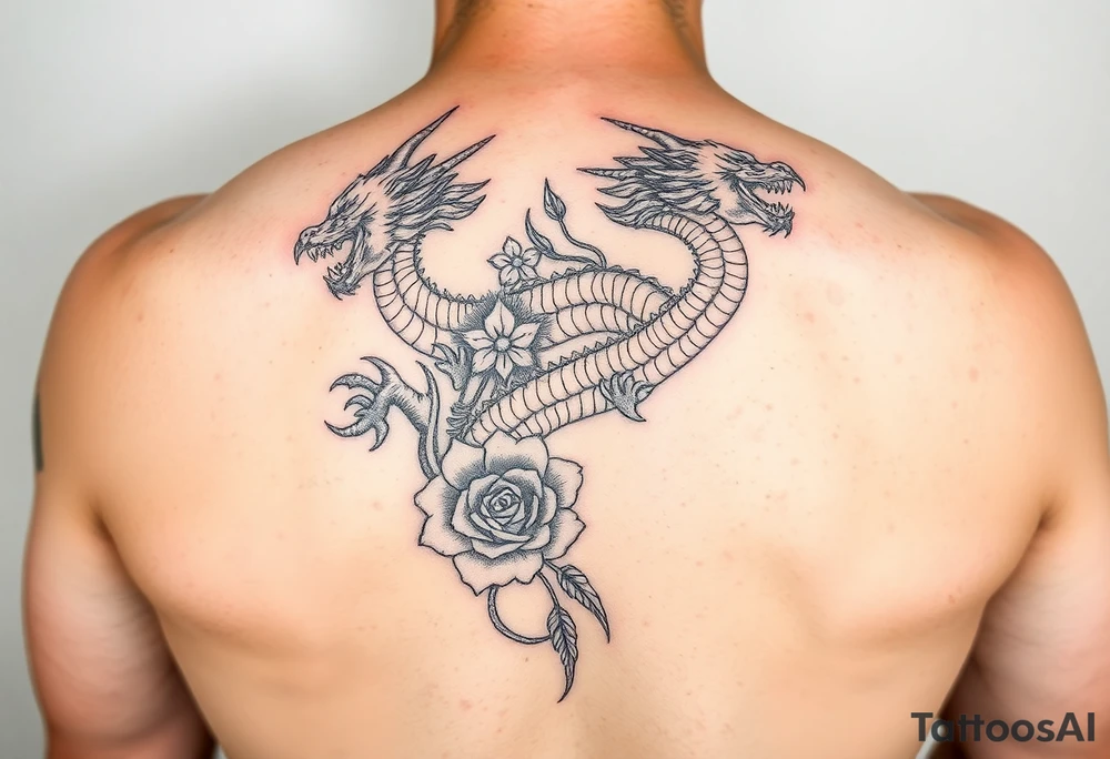Dragons with roses leg tattoo tattoo idea