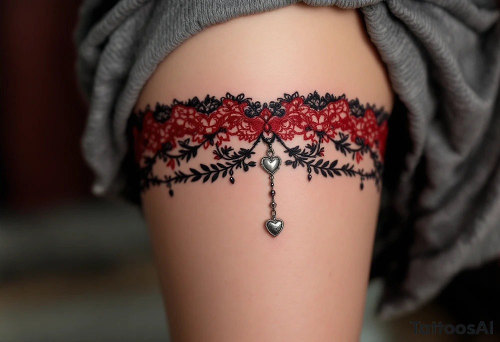 ChatGPT řekl:
A garter tattoo designed as a deep red lace band wrapped snugly around the thigh, featuring intricate black embroidery details, a dangling silver heart charm, and soft shadowing for a realistic 3D effect. tattoo idea