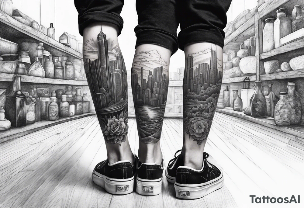 2 black shadows of people standing over 2 dead siloets tattoo idea