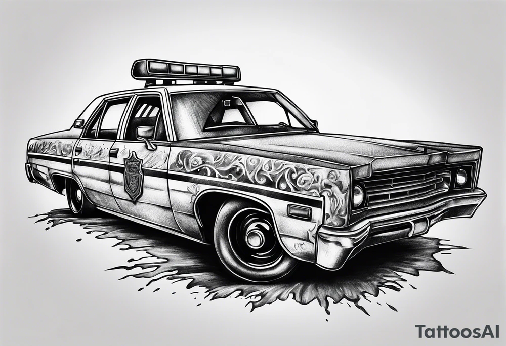 destroyed police car on fire tattoo idea