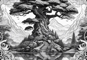 A mural with an water theme, a tree growing up out of the garden and a warrior defending tattoo idea