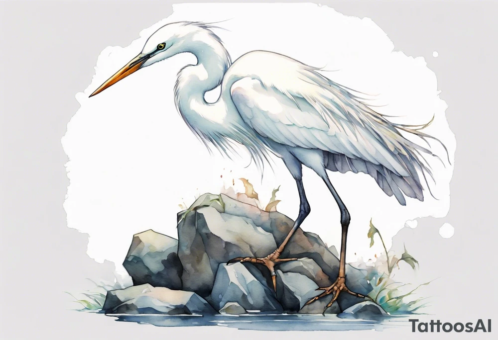 a white egret wearing a plain iron diadem, standing on a stone throne tattoo idea