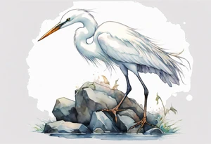 a white egret wearing a plain iron diadem, standing on a stone throne tattoo idea