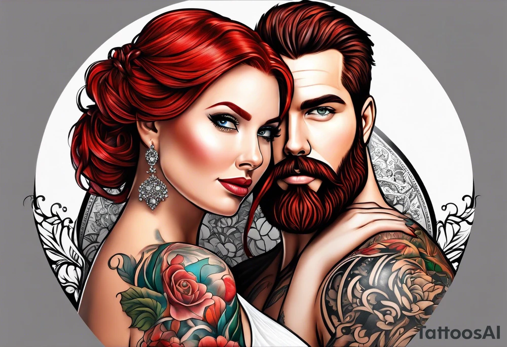 Busty red haired woman with a bearded man who has black hair getting married tattoo idea