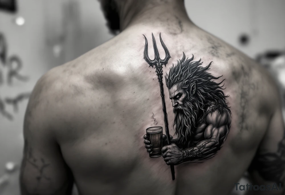 poseidon in calm water, holding a trident, holding a beer tattoo idea