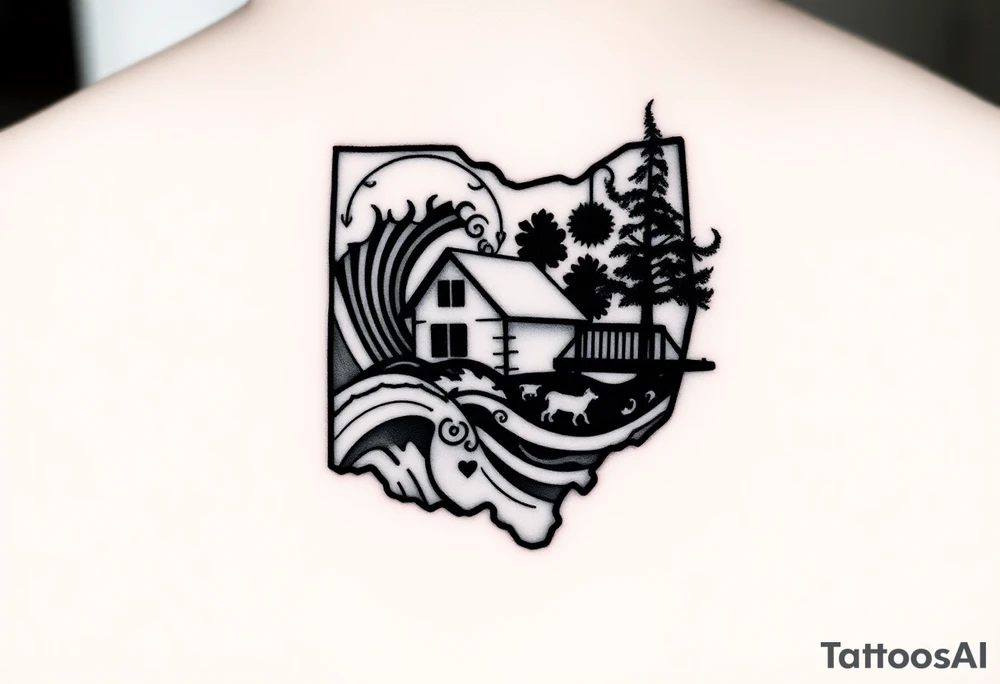 Vertical layout with icons stacked top to bottom:
-Outline of Ohio with a tiny heart/star where cleveland, ohio is, that is wrapped or backed by the Earth symbol from avatar: the last airbender (solid base, mountain-like structure)
-Wave and Piton line art that is surrounded by flowing Air symbol swirls from avatar: the last airbender 
-Barn and pine tree with subtle wedding ring shape in foliage that is embraced by the Water symbol from avatar: the last airbender  (fluid lines, holding it together).
-Stylized Brooklyn Bridge or brownstone silhouette that is rising from or behind the Fire symbol from avatar: the last airbender  (bold flickers around edges). tattoo idea