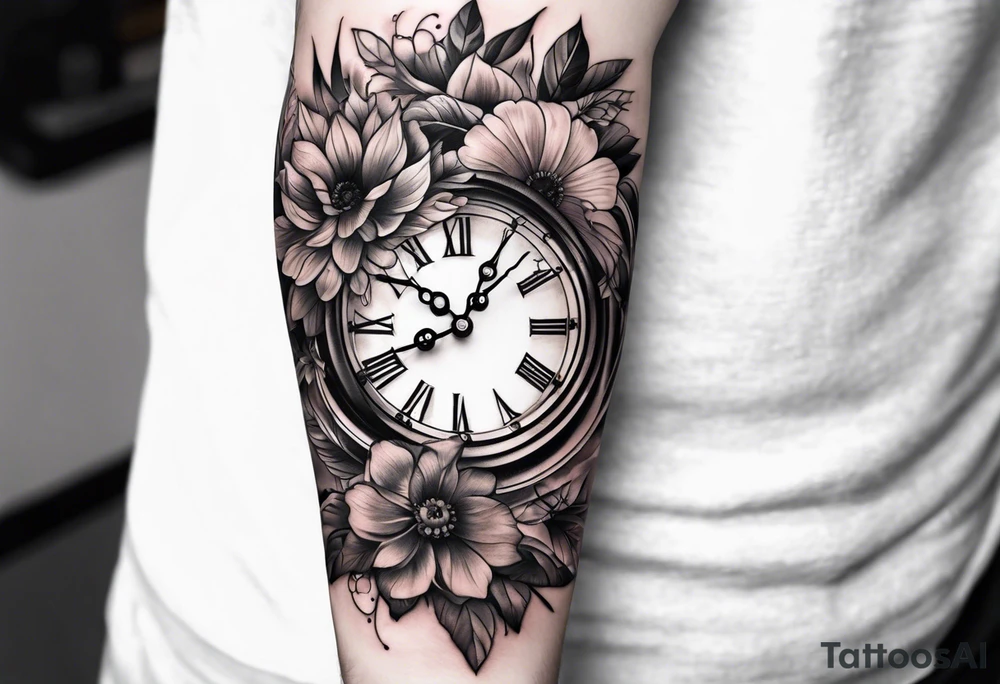 forearm sleeve, clock, flower tattoo idea