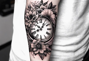 forearm sleeve, clock, flower tattoo idea