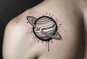 Minimalistic saturn planet, but the text «let yourself» is placed inside saturns rings tattoo idea