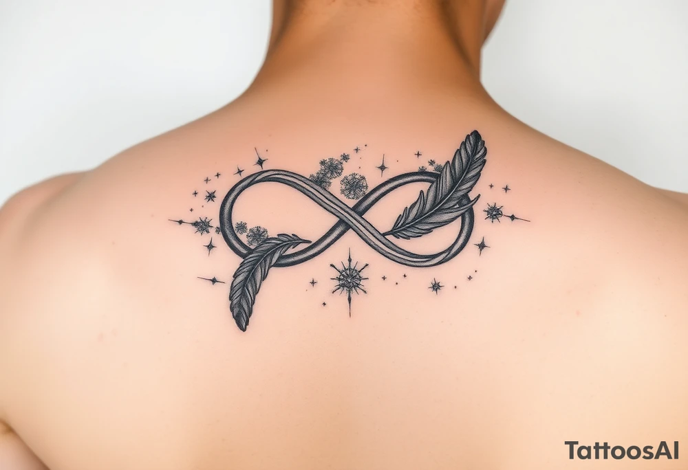infinity symbol woven with floating feathers and stardust tattoo idea