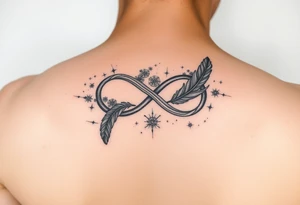 infinity symbol woven with floating feathers and stardust tattoo idea