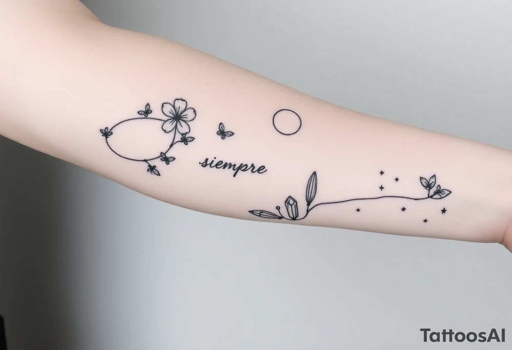 Placement: Forearm half sleeve. Fine line forget-me-not wrapped around the arm, with 3 small butterflies placed around it. The word ‘siempre’ along the inside of the wrist. 444 and a fine line moon and star. On the inner forearm, there are two crystals tied together with rope, with some stars dotted around it and two fine line leaf stems, and a moon above it. All tattoos in black ink. tattoo idea