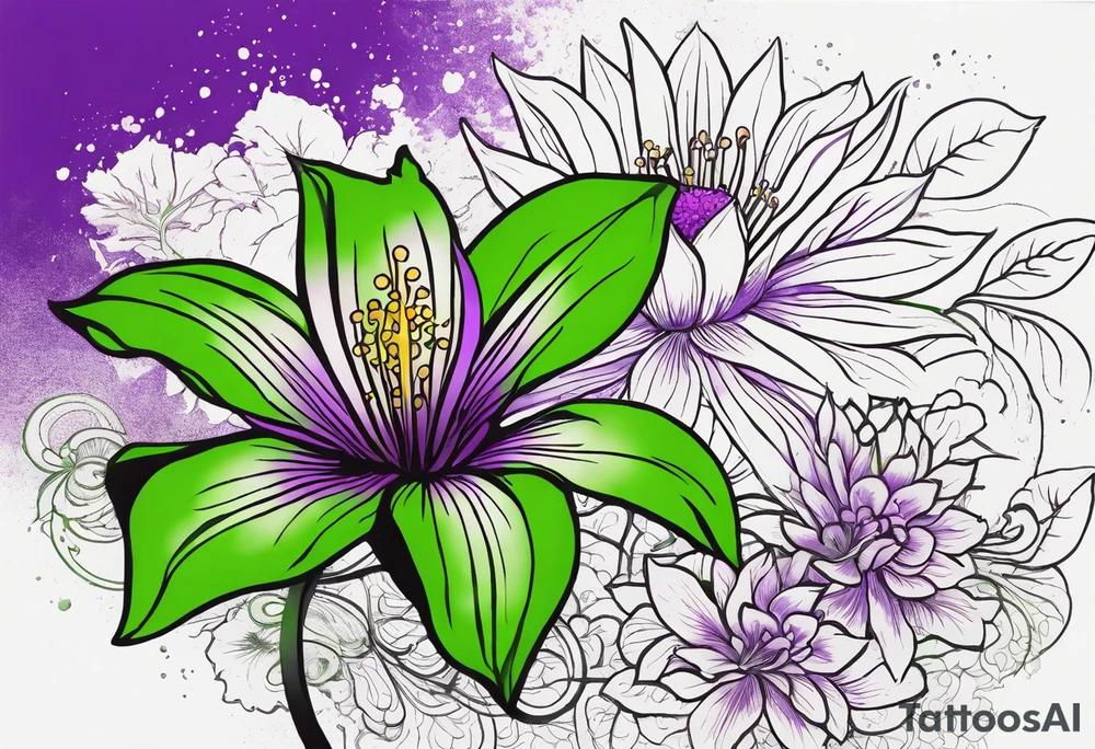 A mystical outline of a green and purple rio dipladenia flower and a green and purple watercolor splash in the background tattoo idea