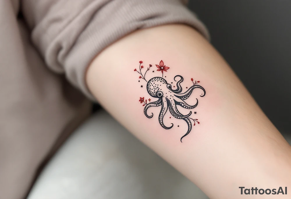 A small realistic black and grey tattoo of an octopus, cute, with detailed shading and soft linework, showing the octopus with swirling tentacles, on light skin. ornamental flowers around with red ink. The style is minimalistic and elegant, resembling fine-line tattoo with a shadow tattoo idea