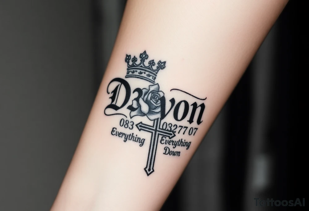 Name D3von with a crown and rose and cross and 03/27/07 with everything going down tattoo idea