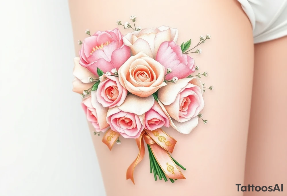 A delicate, hand-tied bouquet of roses, peonies, and baby’s breath, with soft pink, ivory, and pastel peach petals. The stems are wrapped in a silk ribbon with golden embroidery, flowing gently in the wind. Subtle watercolor shading creates a dreamy, romantic feel. tattoo idea