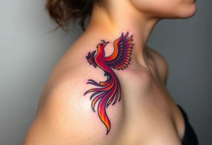 Square, phoenix rising from fire with both wings opened, colors red, pink, orange and purple. tattoo idea