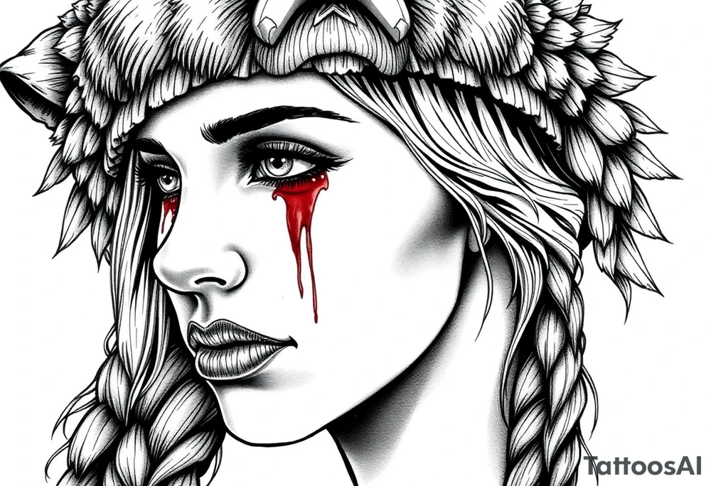 Beautiful Womans shedding a tear, with battle scars and blood on face, wearing a bear headdress on head tattoo idea