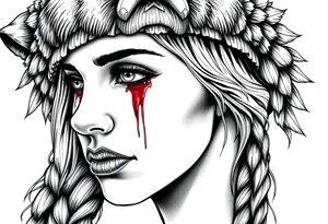 Beautiful Womans shedding a tear, with battle scars and blood on face, wearing a bear headdress on head tattoo idea
